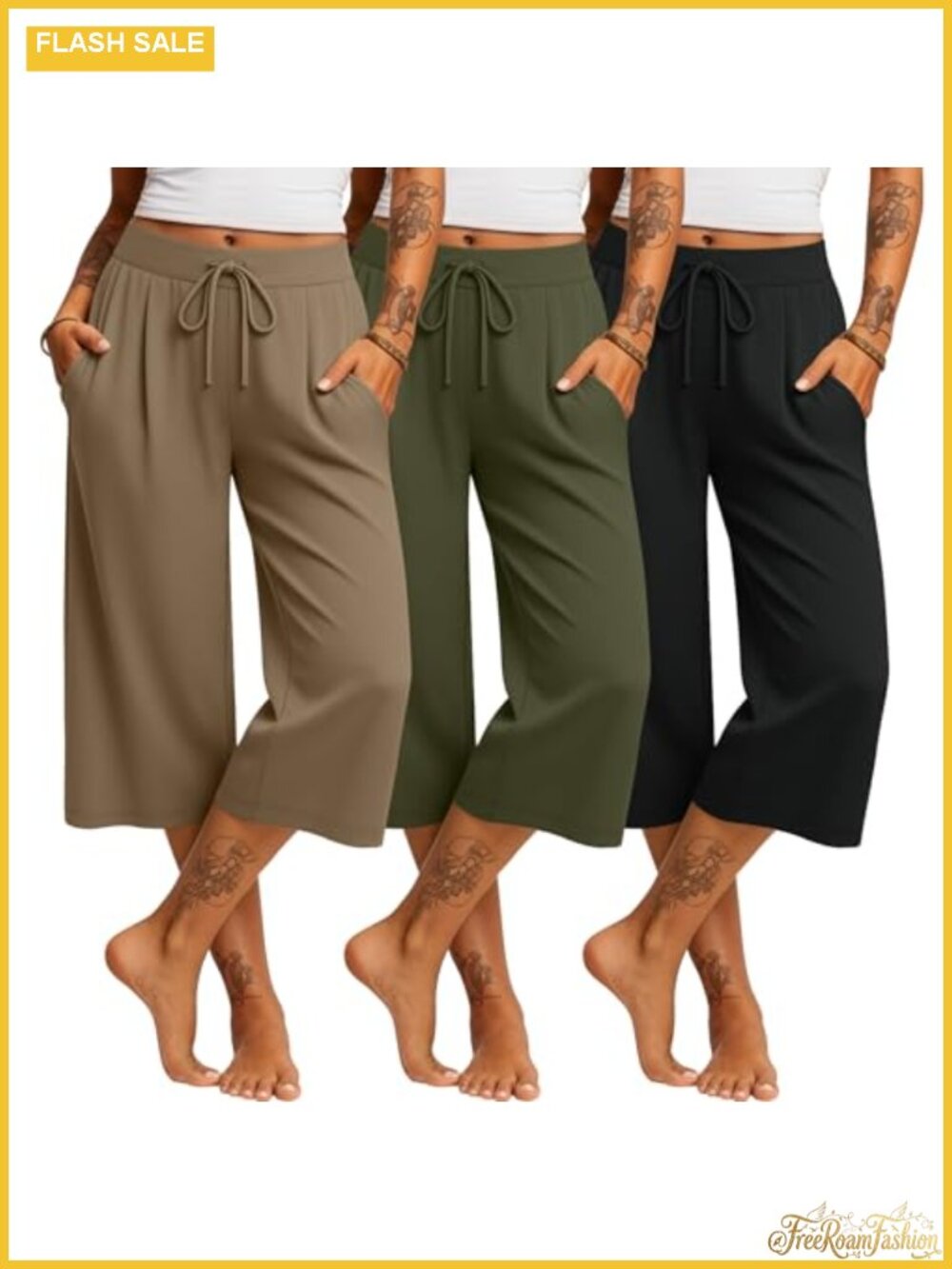 Wide Leg Capri Pants 3-Pack Soft Stretchy Yoga Lounge